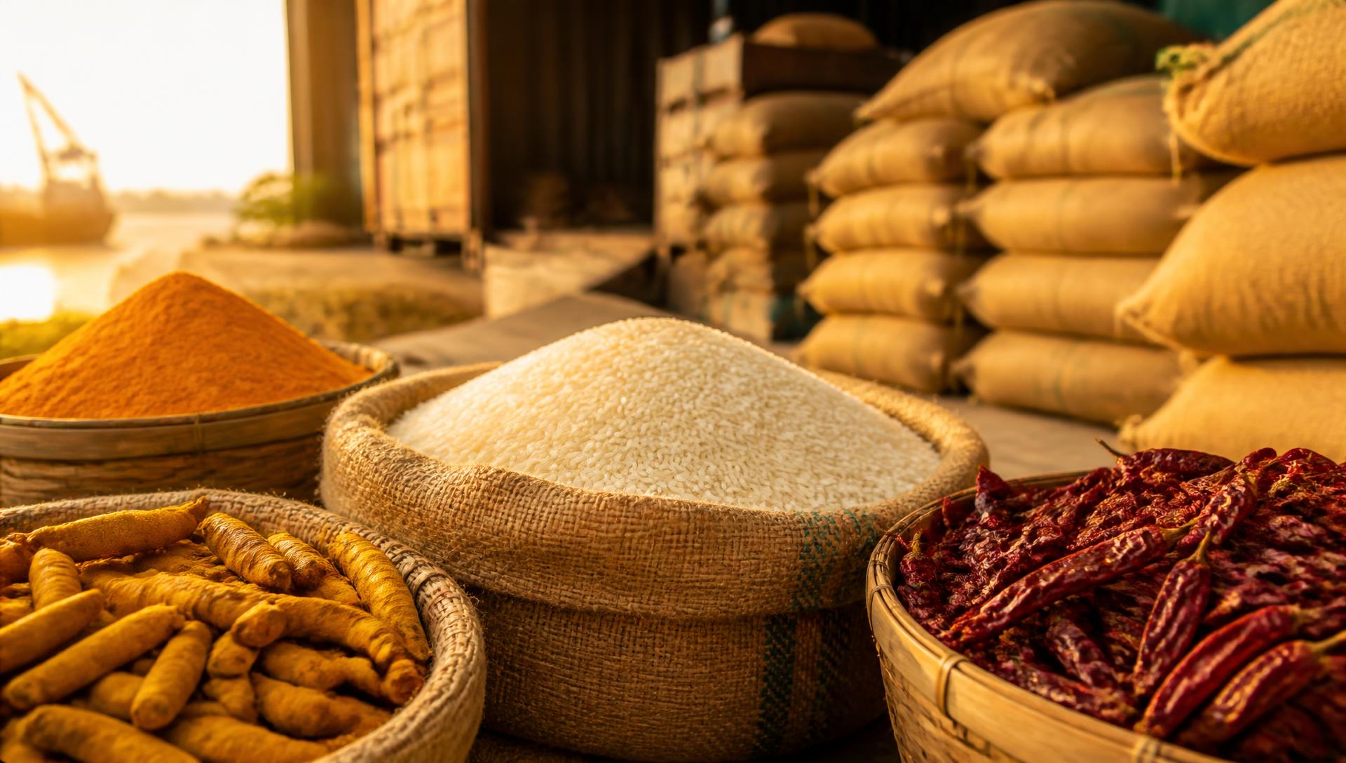 Baskets of basmati rice, turmeric and dried red chillies with stacked export sacks behind