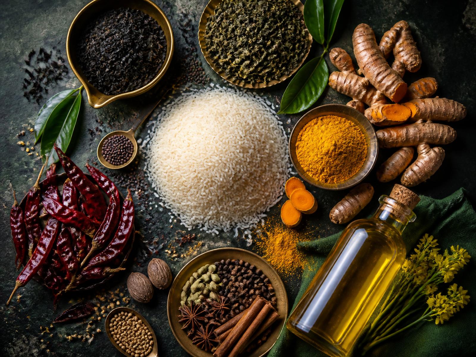 Indian export range: basmati rice, tea leaves, turmeric, red chillies, whole spices and mustard oil